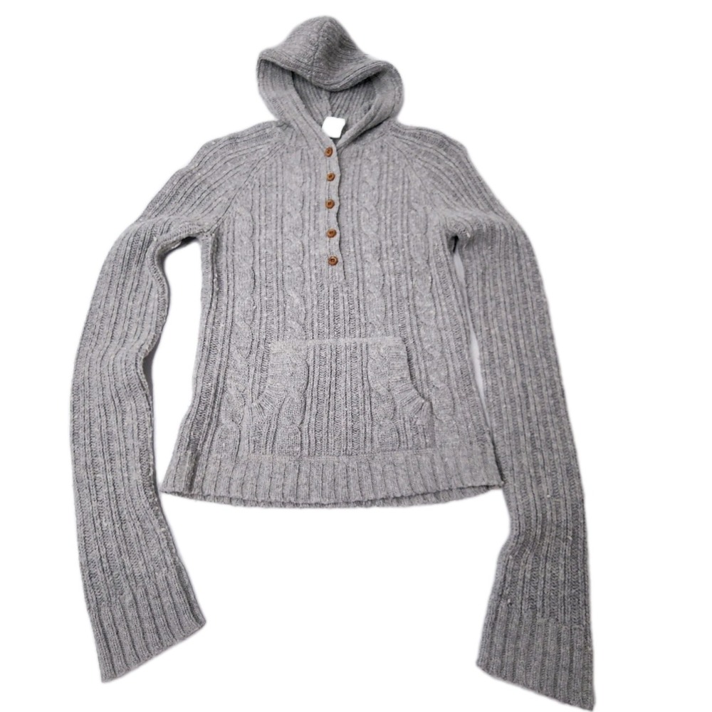 Vintage Abercrombie Lrg Hooded Cable Knit Cardigan Sweater Womens Gray Wool Blnd